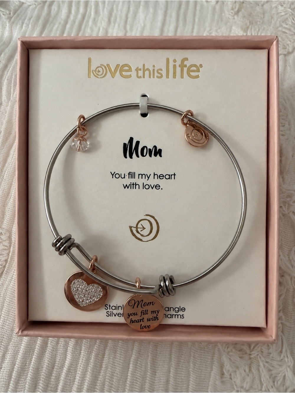 Love This Life Mom Heart Charm Bangle Bracelet Gift Box